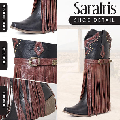 SaraIris Women's Western Bootie, Fashion Pointed Toe, Chunky Heel, Embroidered, Fringe, Pull-On, Mid Calf Boots, 2.75 inches, Knee High, PU, Denim, Rubber