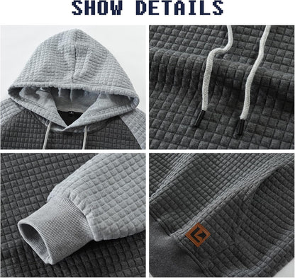 Men’s Sweatshirts Long Sleeve Pullover Patchwork Plaid Jacquard Hoodie Casual Drawstring Hoody Top