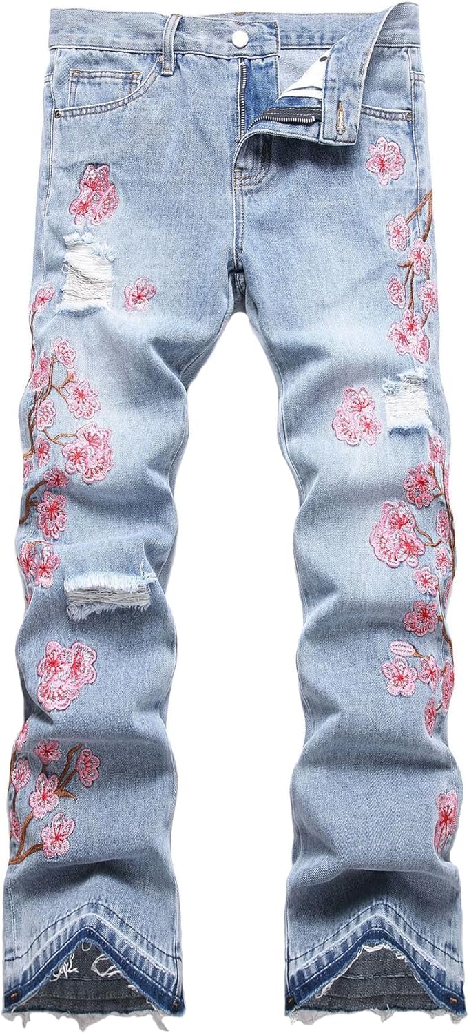 Baylvn Men's Designer Straight Slim Fit Patchwork Jeans Comfort Skinny Biker Denim Pants