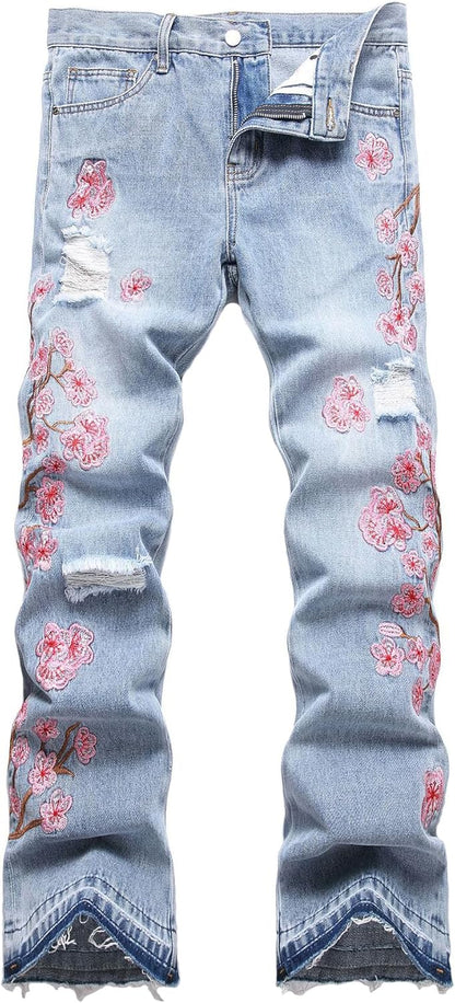 Baylvn Men's Designer Straight Slim Fit Patchwork Jeans Comfort Skinny Biker Denim Pants