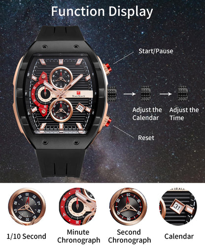 Watches for Men Analog Quartz Waterproof Sport Men’s Watch Tonneau Chronograph Luminous Fashionable Unique Casual Watch with Silicone Strap