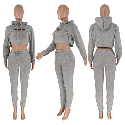 Adogirl Women 3 Piece Outfits Tracksuits Set Sexy Long Sleeve Pullover Hoodie Tank Crop Tops Jogger Sweatpants Sweatsuits