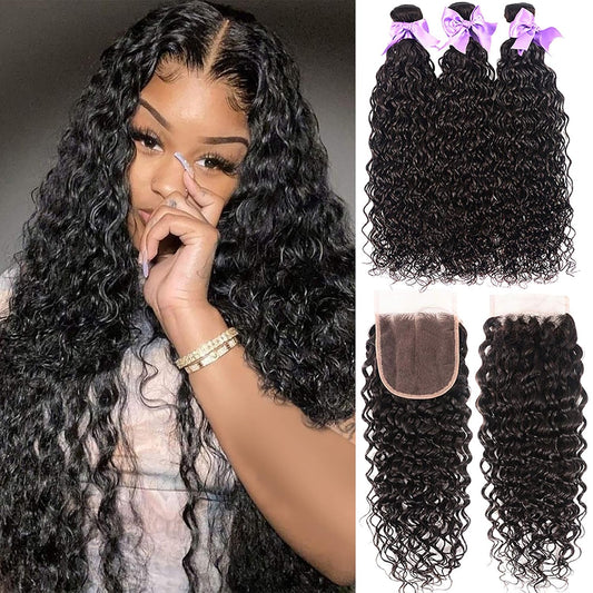 Water Wave Bundles With Closure Human Hair - 18 20 22+16, Wet and Wavy, 3 Bundles, 100% Unprocessed, Deep Curly, Natural Black Color