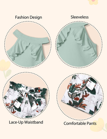 MIGU Girls Clothes Summer Halter Neck Ruffle Sleeveless Top Fashion Cute Floral Belt Shorts Two Piece Outfit Set Size 6-12