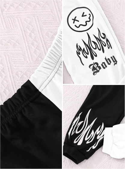 Hilinker Girls Graphic 3 Piece Outfits Workout Crop Hoodie Ribbed Tank and Sweatpants Set