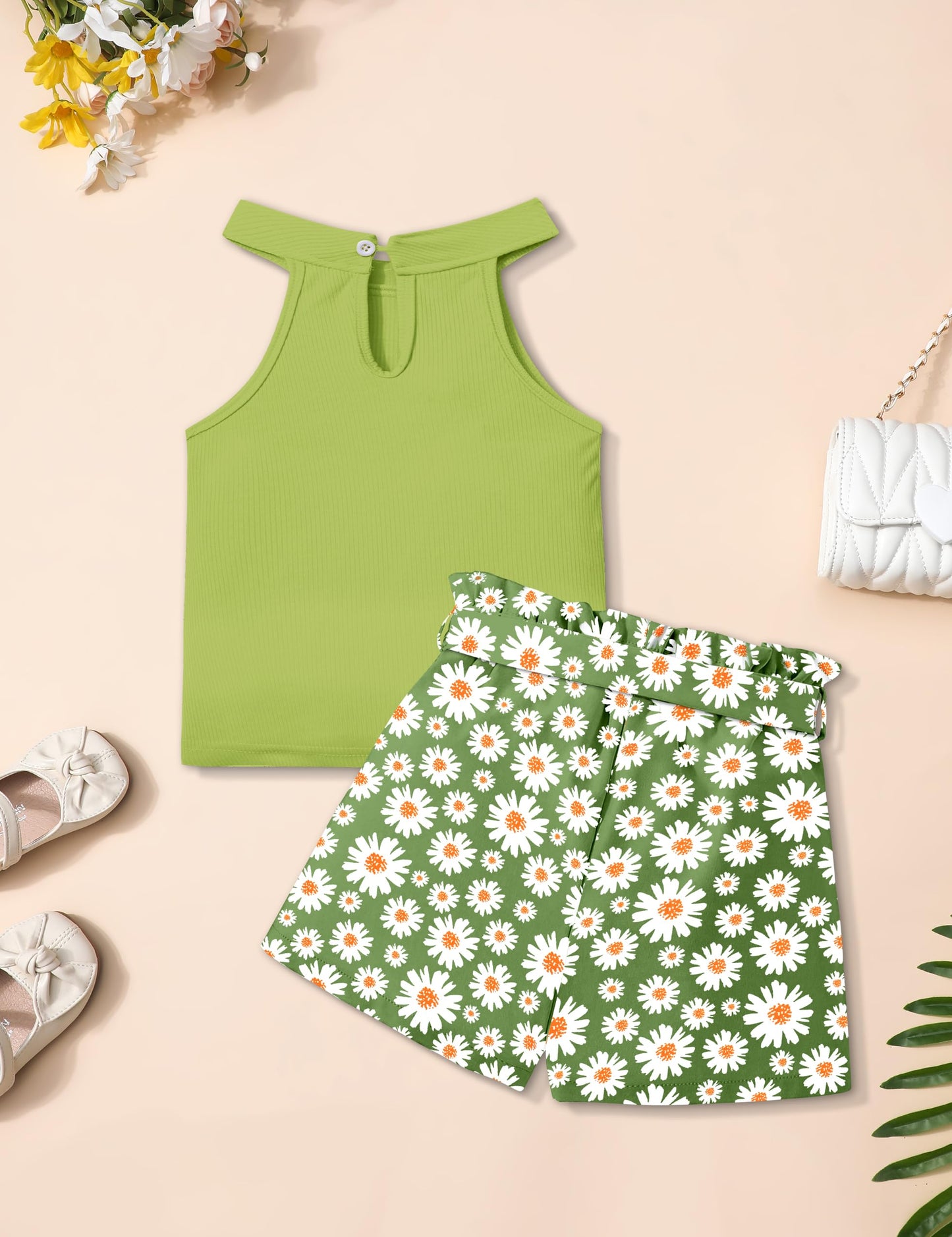 MIGU Girls Clothes Summer Halter Neck Ruffle Sleeveless Top Fashion Cute Floral Belt Shorts Two Piece Outfit Set Size 6-12