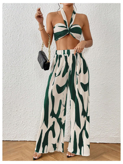 OYOANGLE Women's 2 Piece Outfits Graphic Print Knitted Crop Halter Top and Wide Leg Pants Set