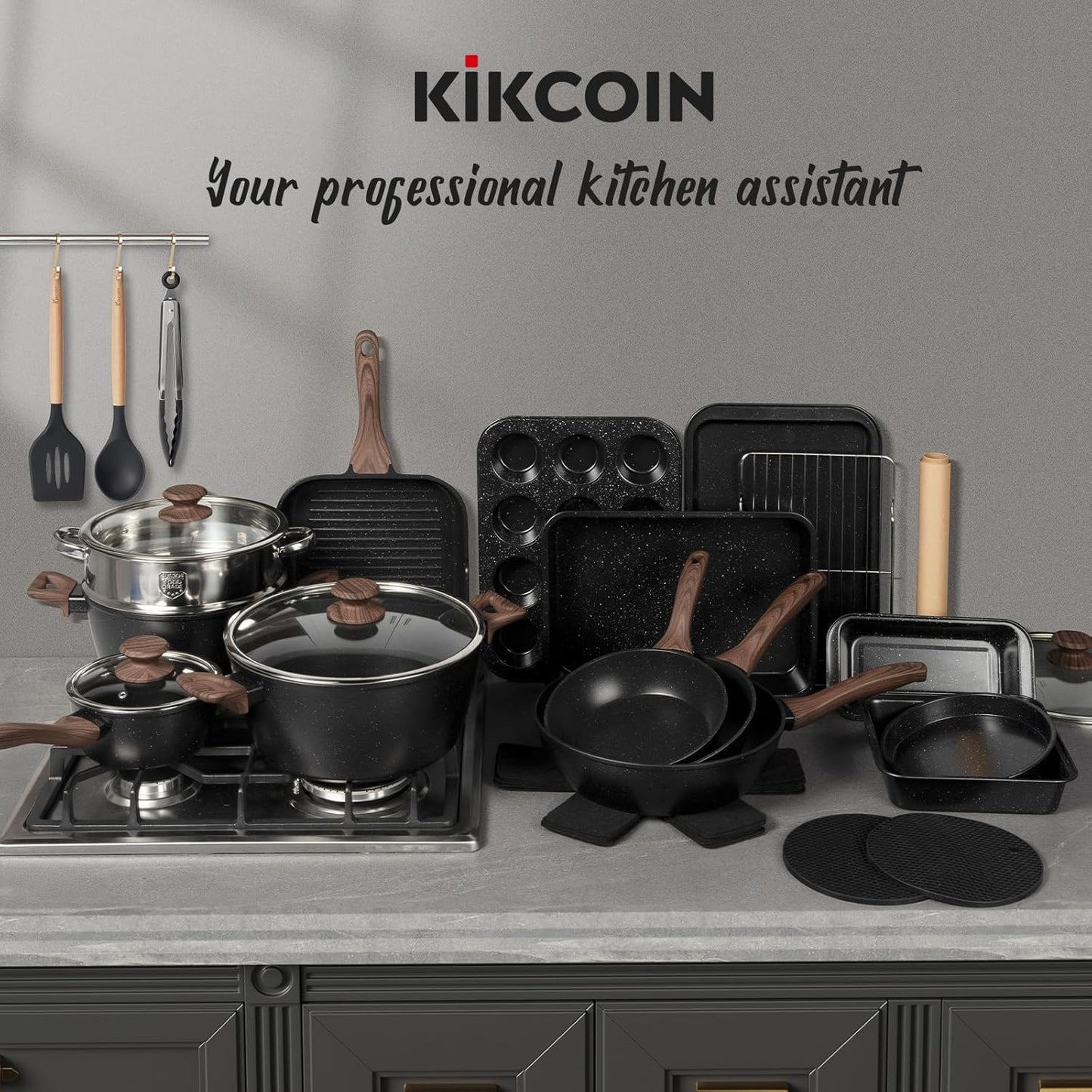 Kikcoin Pots and Pans Set Non Stick 31 Piece Kitchen Nonstick Cooking Cookware Sets with Grill Pan Saucepan Baking Sheet Utensil