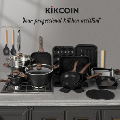 Kikcoin Pots and Pans Set Non Stick 31 Piece Kitchen Nonstick Cooking Cookware Sets with Grill Pan Saucepan Baking Sheet Utensil
