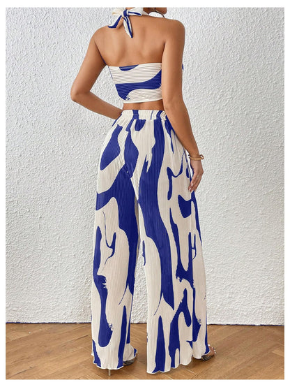 OYOANGLE Women's 2 Piece Outfits Graphic Print Knitted Crop Halter Top and Wide Leg Pants Set