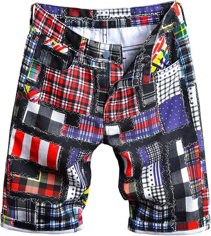 Baylvn Men's Casual Ripped Printed Denim Shorts Slim Fit Summer Beach Jeans Shorts