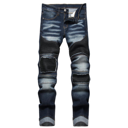 XIMXIMMTIAN Men's Biker Moto Washed Distressed Slim Fit Straight Jeans Denim
