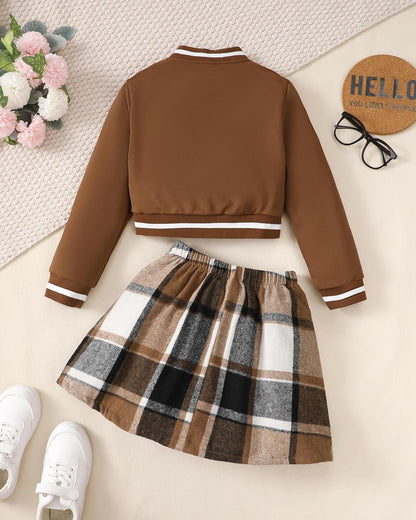 Girls 2 Piece Outfits Skirt Set Button up Jacket Sweatshirt and Pleated Mini Skirts Fall Winter Clothes Size 7-14Y