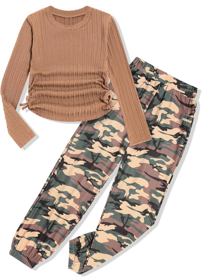 Girls' Clothing Sets Ribbed Knit Crewneck T-Shirt & Camo Print Elastic Waist Pants Girls Clothes Size 6-16Y