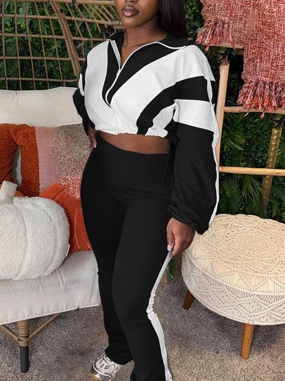 Women 2 Piece Outfit Long Sleeve Zip Up Crop Jacket High Waist Stretchy Pants