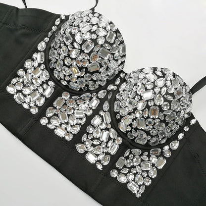 Women's Handmade Rhinestone Diamond Push up Bustier Crop Top Punk Corset Bra Vest