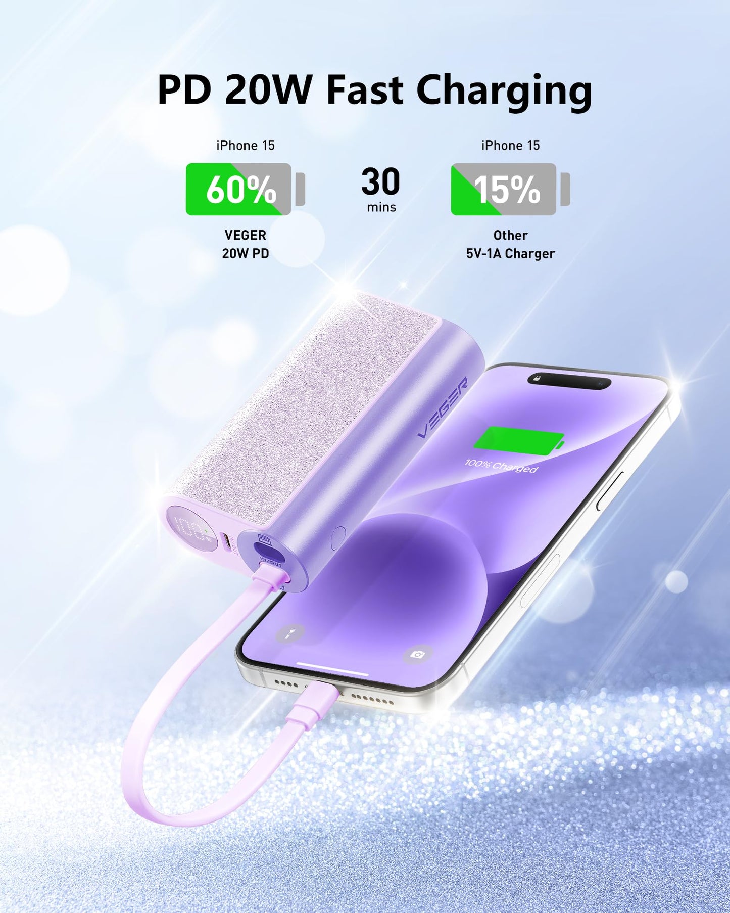 VEGER Compact Portable Charger with Built in Cable(Removable), 10000mAh Cute Power Bank 20W Fast Charging, Sparkling Battery Pack Fashion Travel Accessory Compatible with iPhone 15/14, Android-Purple