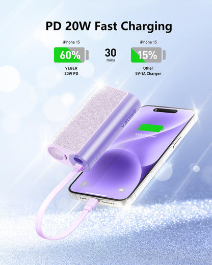 VEGER Compact Portable Charger with Built in Cable(Removable), 10000mAh Cute Power Bank 20W Fast Charging, Sparkling Battery Pack Fashion Travel Accessory Compatible with iPhone 15/14, Android-Purple