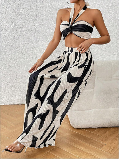 OYOANGLE Women's 2 Piece Outfits Graphic Print Knitted Crop Halter Top and Wide Leg Pants Set