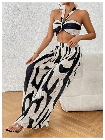 OYOANGLE Women's 2 Piece Outfits Graphic Print Knitted Crop Halter Top and Wide Leg Pants Set