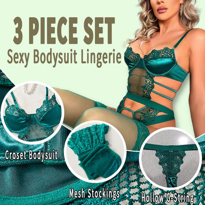 Sexy Lingerie for Women Lingerie Set with Garter Belt Floral Embroidered Lace Bodysuit Teddy Baby Dolls Panty
