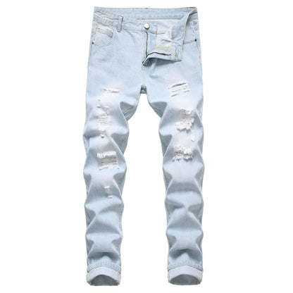 Men's Slim-fit Stretch Denim Jeans Featuring a Ripped Stretch Regular Pants