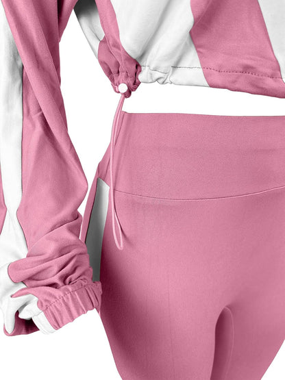 Women 2 Piece Outfit Long Sleeve Zip Up Crop Jacket High Waist Stretchy Pants