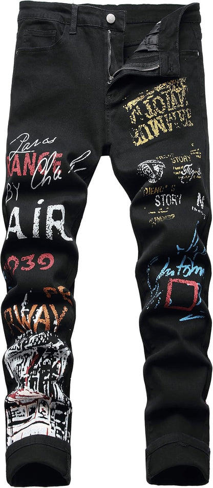 DANT BULUN Men's Fashion Casual Printed Jeans Stretch Skinny Denim Jogger Pants