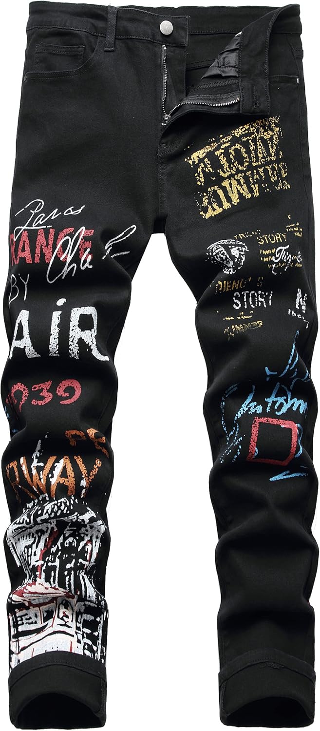 DANT BULUN Men's Fashion Casual Printed Jeans Stretch Skinny Denim Jogger Pants