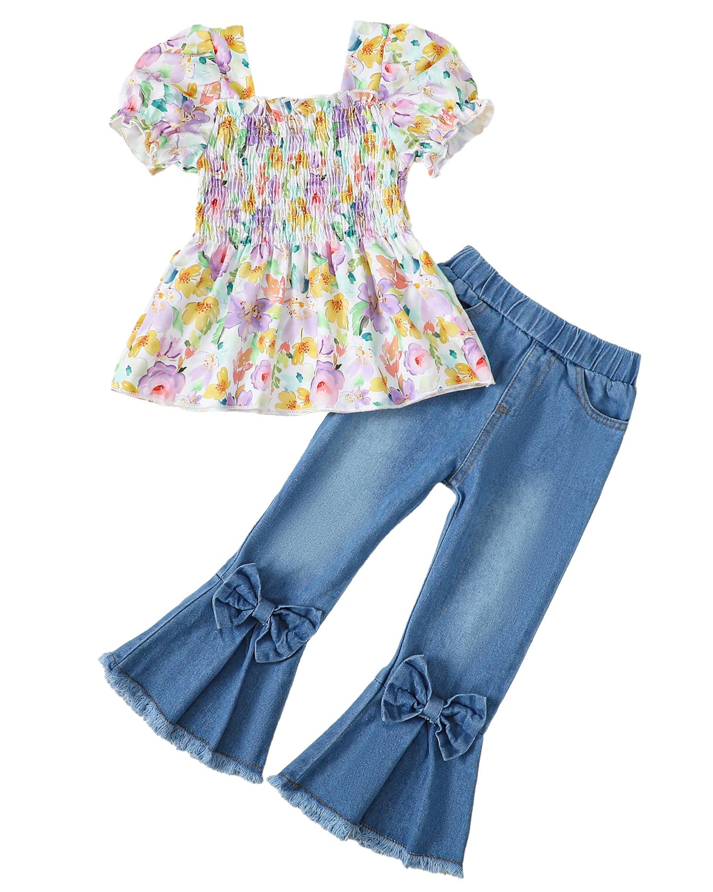 Kucnuzki Toddler Kids Girls Clothes Short Sleeve Shirt Top Flare Denim Jeans 2 Piece Outfits For Girls Cute Clothing Set