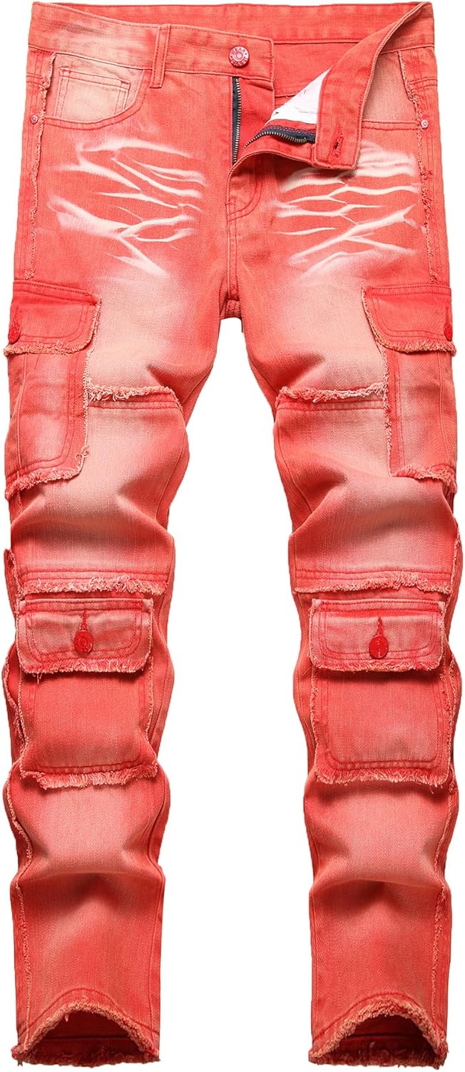 Baylvn Men's Designer Straight Slim Fit Patchwork Jeans Comfort Skinny Biker Denim Pants