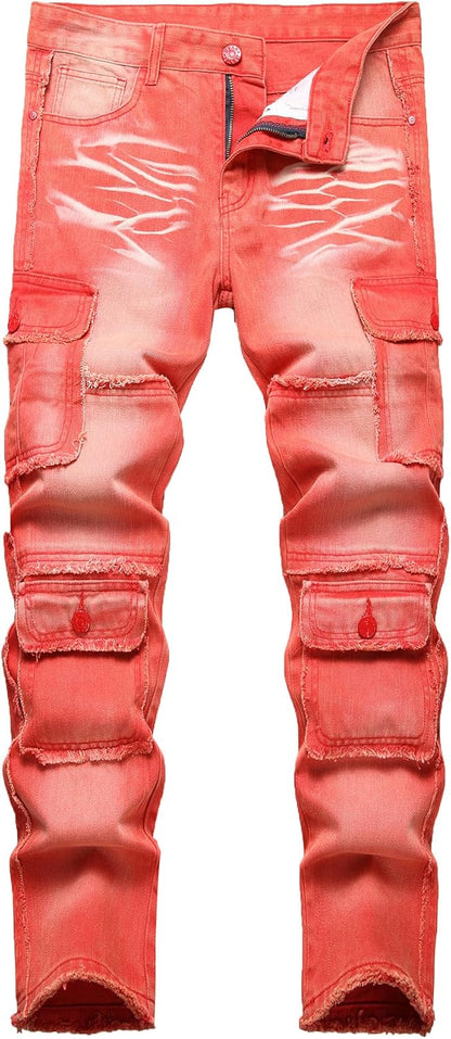 Baylvn Men's Designer Straight Slim Fit Patchwork Jeans Comfort Skinny Biker Denim Pants