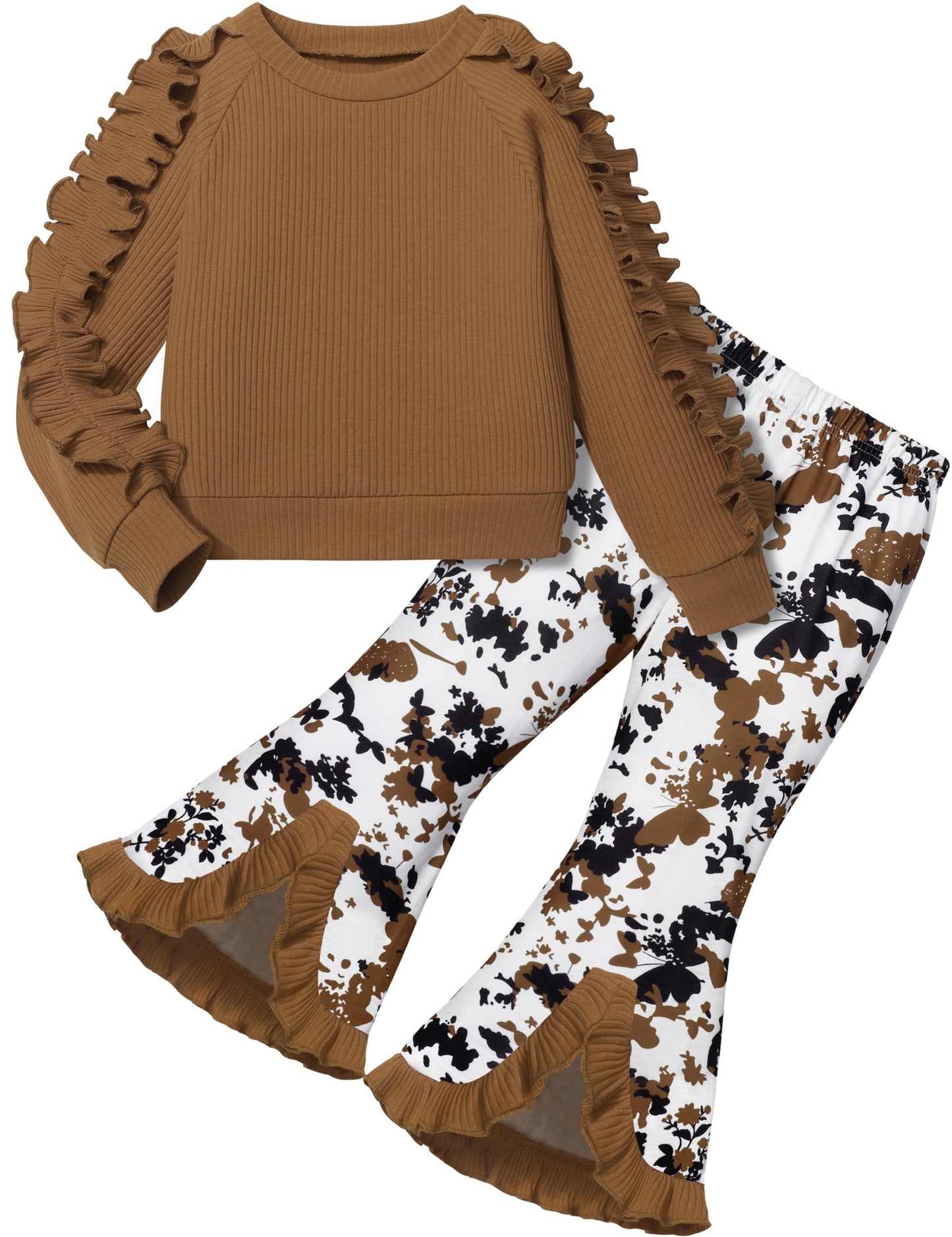 Toddler Girl Clothes Camo Girls Outfits Ruffle Sleeve Tops + Bell Bottom Flared Pants 2 Piece Winter Sweatsuit 2-10T
