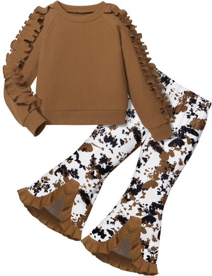 Toddler Girl Clothes Camo Girls Outfits Ruffle Sleeve Tops + Bell Bottom Flared Pants 2 Piece Winter Sweatsuit 2-10T