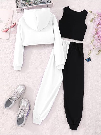 Hilinker Girls Graphic 3 Piece Outfits Workout Crop Hoodie Ribbed Tank and Sweatpants Set
