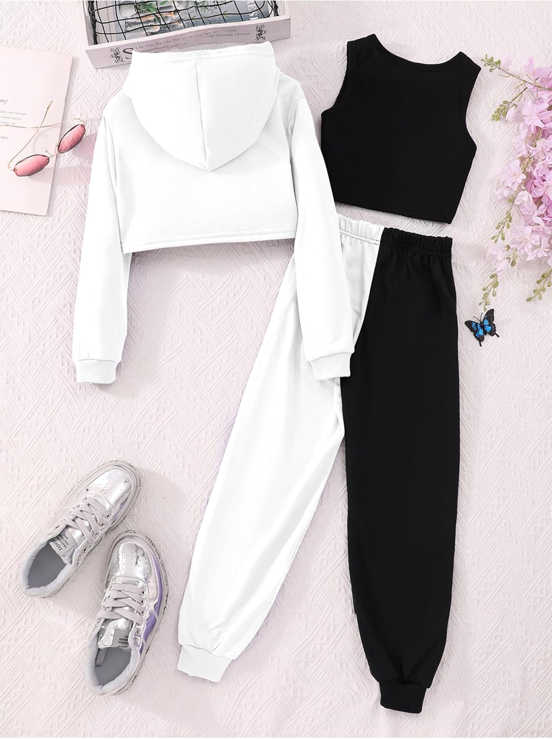 Hilinker Girls Graphic 3 Piece Outfits Workout Crop Hoodie Ribbed Tank and Sweatpants Set