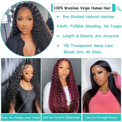 20Inch Deep Wave Lace Front Wigs Human Hair-13x4 HD Transparent Deep Wave Frontal Wigs Human Hair Glueless Curly Wigs for Women 200% Density Curly Lace Front Human Hair Pre Plucked with Baby Hair
