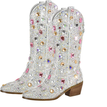 Richealnana Sparkly Rhinestones Cowboy Cowgirl Style Boots Calf High Boots for Women 2INCH Heeled Shining Pull On Tabs