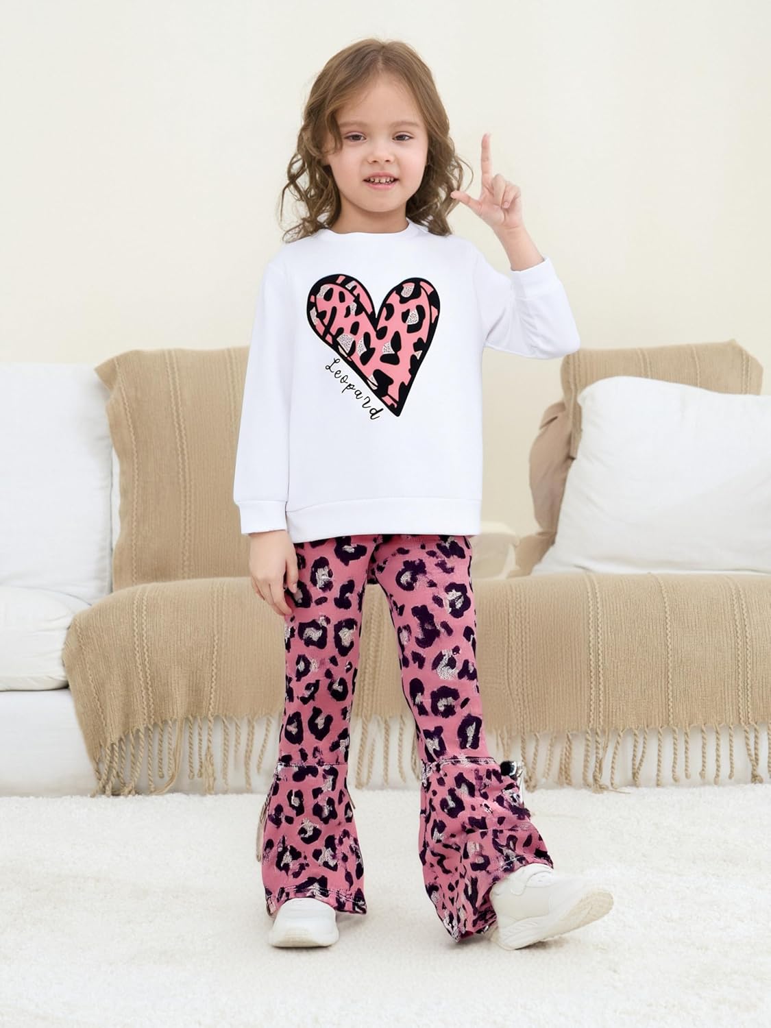 Toddler Girl Clothes Long Sleeve Cartoon & Letter Graphic Top + Fruit Stationery Print Flared Leg Pants