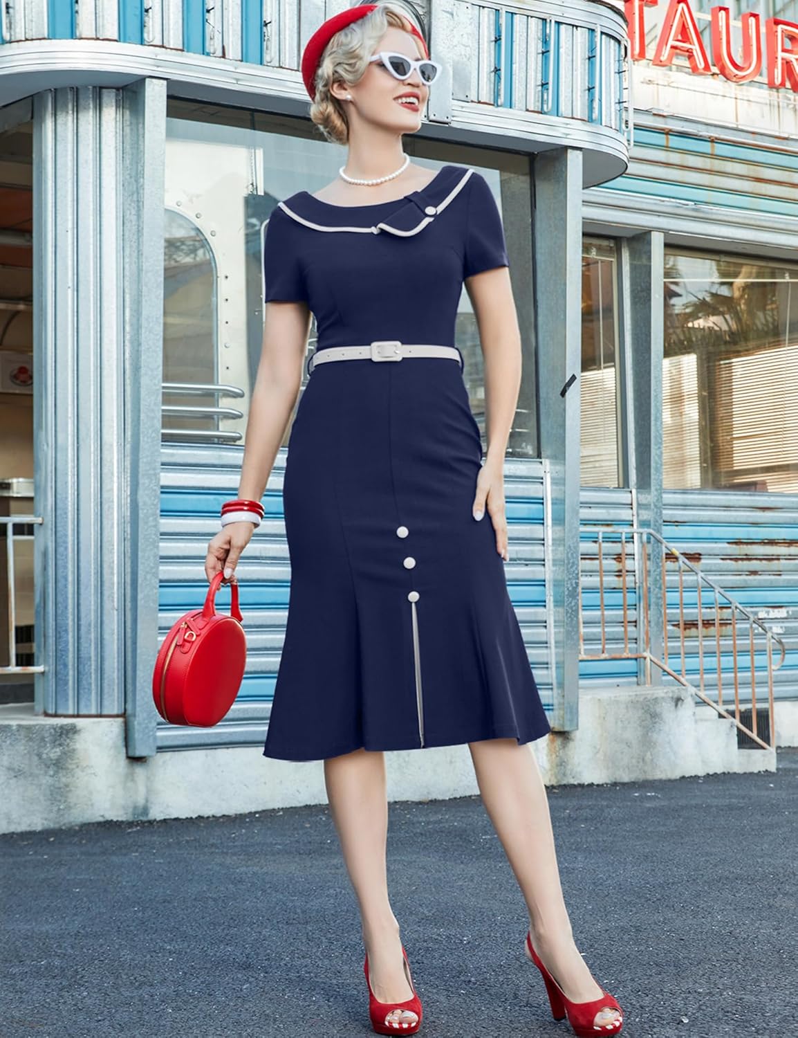 MUXXN Women's Retro 60s Sailor Collar Short Sleeve Pinup Cocktail Work Mermaid Dress with Belt