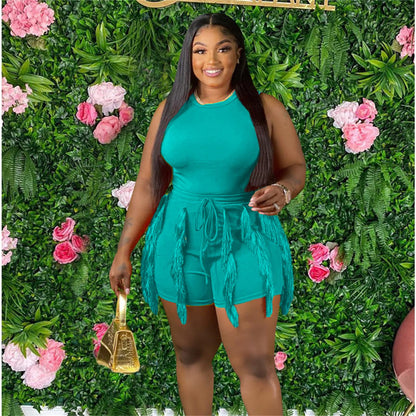 Elainone Two Piece Outfits for Women Sexy Bodycon Sleeveless Tops Drawstring Waist Shorts Sets