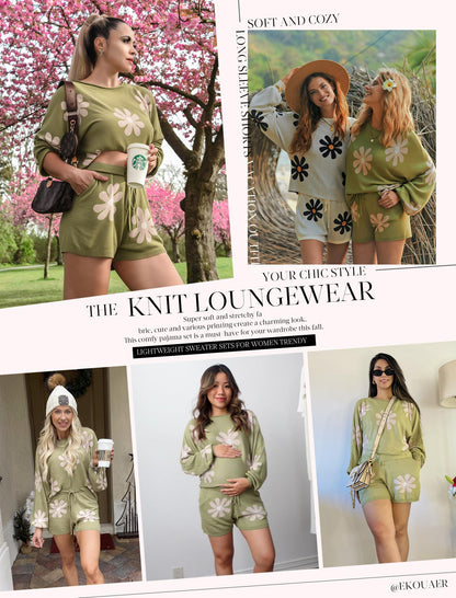 Ekouaer Knit Pajamas Set for Women Lounge Wear Sets Long Sleeve Sweatsuit Matching 2 Piece Outfits Casual Sweater Sets S-XXL