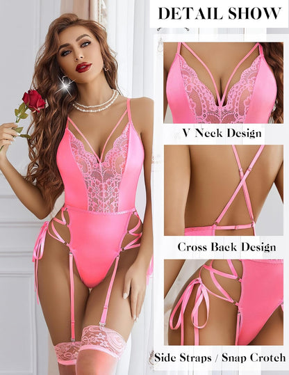 Avidlove Lingerie for Women Lace Lingerie Sets with Garter Belts One Piece Bodysuit Teddy No Stockings S-XXL