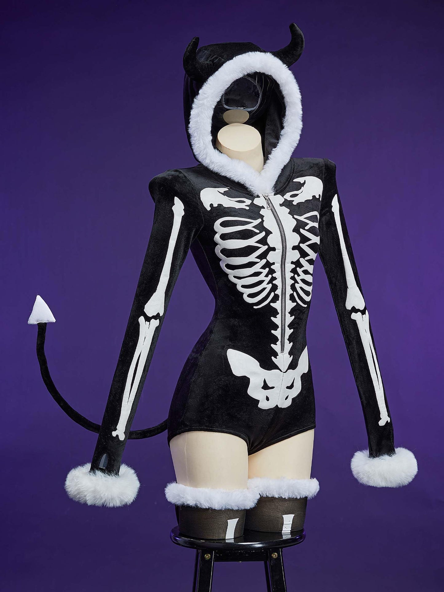 MEOWCOS Gothic Bodysuit Furry Hooded Black White Skull Pattern Halloween Costume Homewear with Tail and Socks