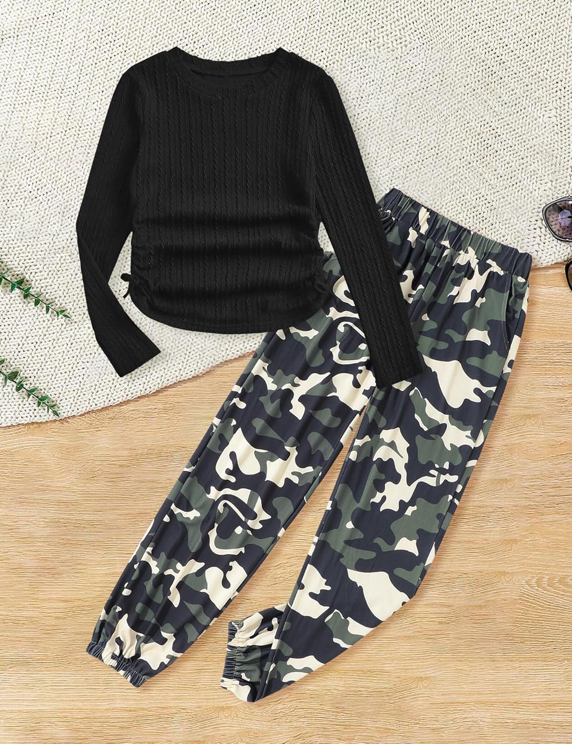 Girls' Clothing Sets Ribbed Knit Crewneck T-Shirt & Camo Print Elastic Waist Pants Girls Clothes Size 6-16Y