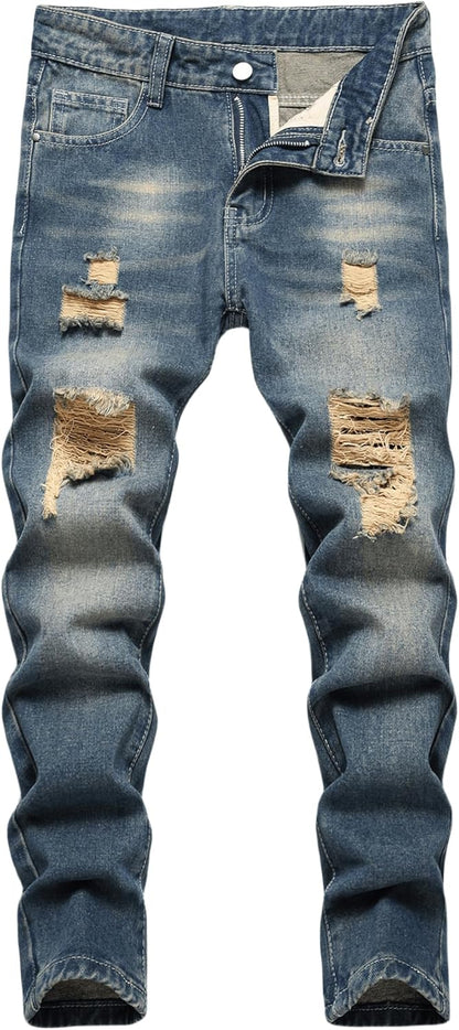 Boy's Ripped Jeans Stacked Skinny Fit Destroyed Distressed Fashion Comfy Denim Jeans Pants