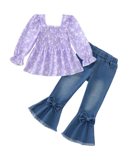 Kucnuzki Toddler Kids Girls Clothes Short Sleeve Shirt Top Flare Denim Jeans 2 Piece Outfits For Girls Cute Clothing Set