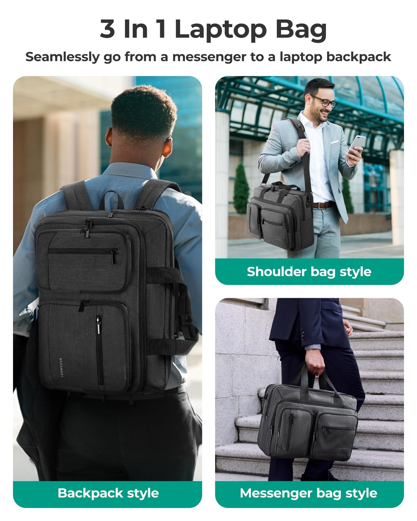 BAGSMART 3 In 1 Laptop Bag for Men, Computer Briefcase 17.3 Inch Laptop Water-Repellent Shoulder Bag, Computer Bag Business Travel Office, Black