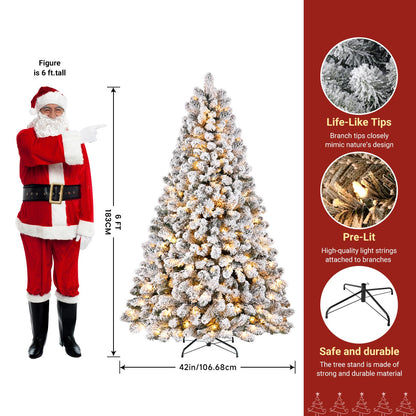 SHareconn 7.5ft Prelit Snow Flocked Spruce Artificial Christmas Tree with 350 Incandescent Warm White Lights, Foldable Stand, Snow Flocked Full Prelighted Xmas Tree W/1170 Branch Tips, 7.5 FT, White