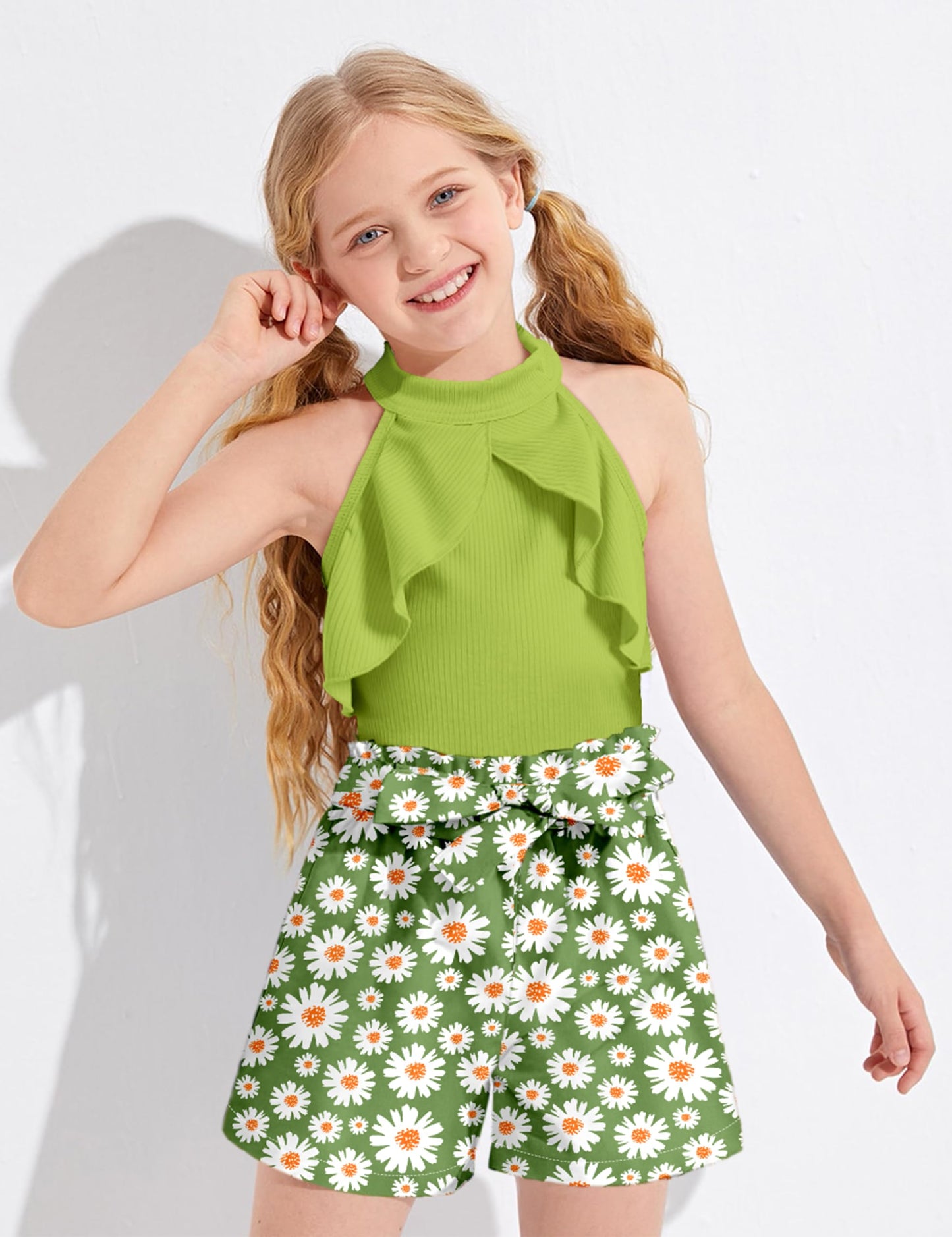 MIGU Girls Clothes Summer Halter Neck Ruffle Sleeveless Top Fashion Cute Floral Belt Shorts Two Piece Outfit Set Size 6-12
